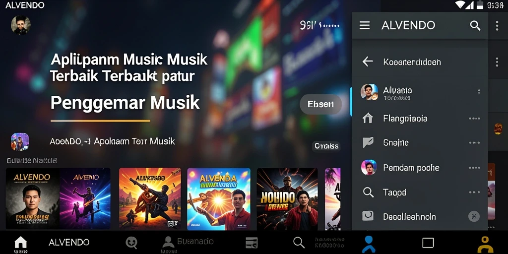 Tampilan screenshot ALVENDO menampilkan antarmuka aplikasi musik yang menarik.