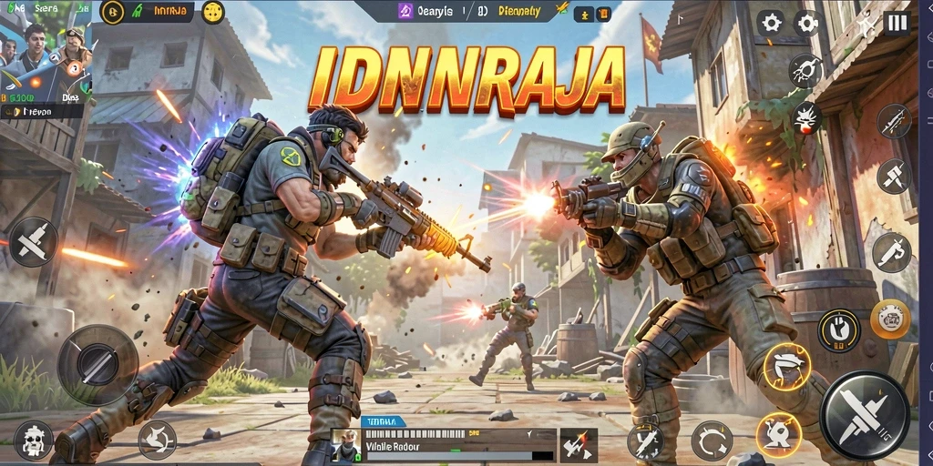 Screenshot gameplay IDNRAJA menampilkan aksi pertarungan intens di arena Battle Royale.