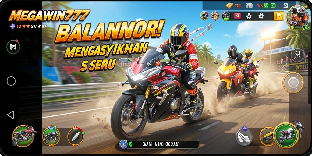 Screenshot gameplay MEGAWIN777 menampilkan balapan motor yang mendebarkan.