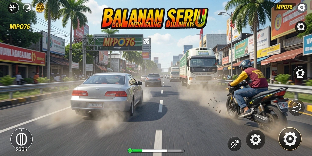 Tampilan gameplay MPO76 yang memukau dengan aksi balapan seru.