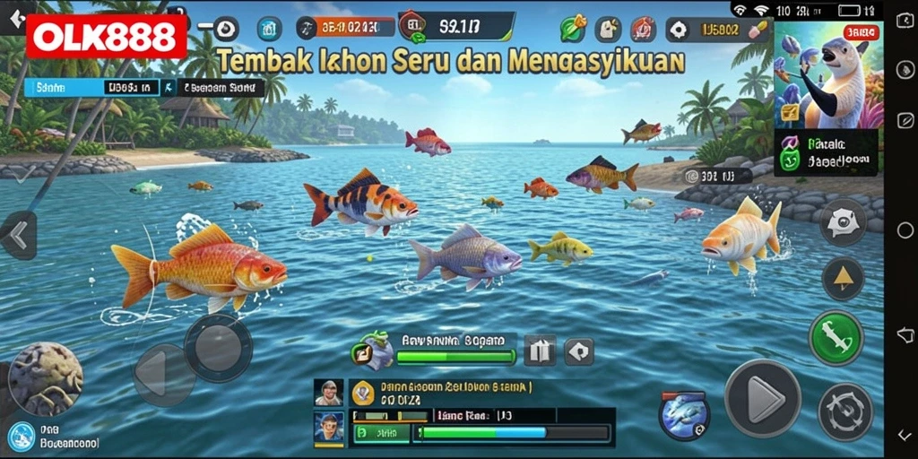 Tampilan gameplay seru dalam OLX888, menembak ikan berwarna-warni.
