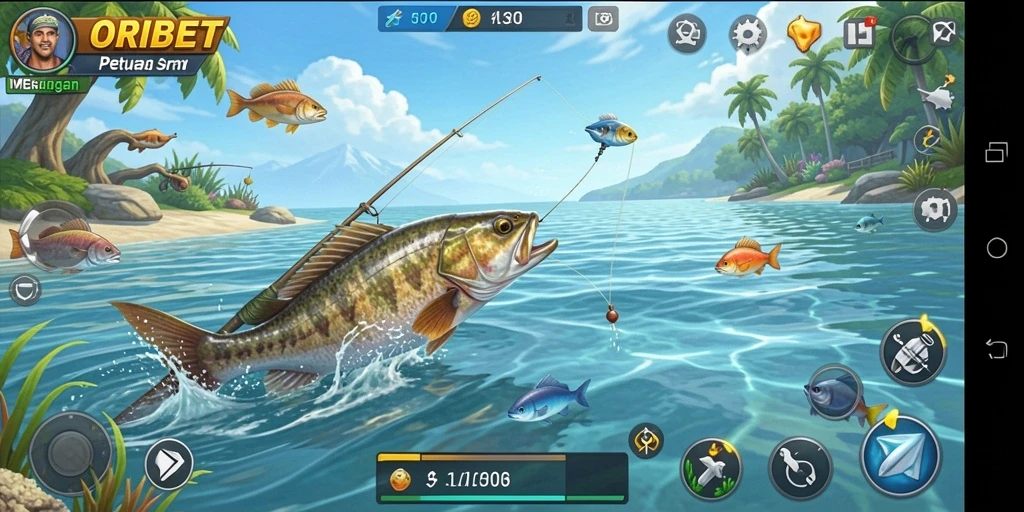 Tampilan gameplay ORIBET saat memancing di danau yang tenang.