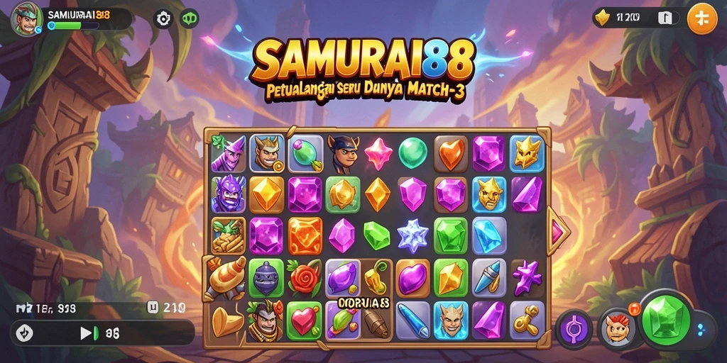 Screenshot gameplay SAMURAI88 yang menampilkan aksi mencocokkan batu permata.