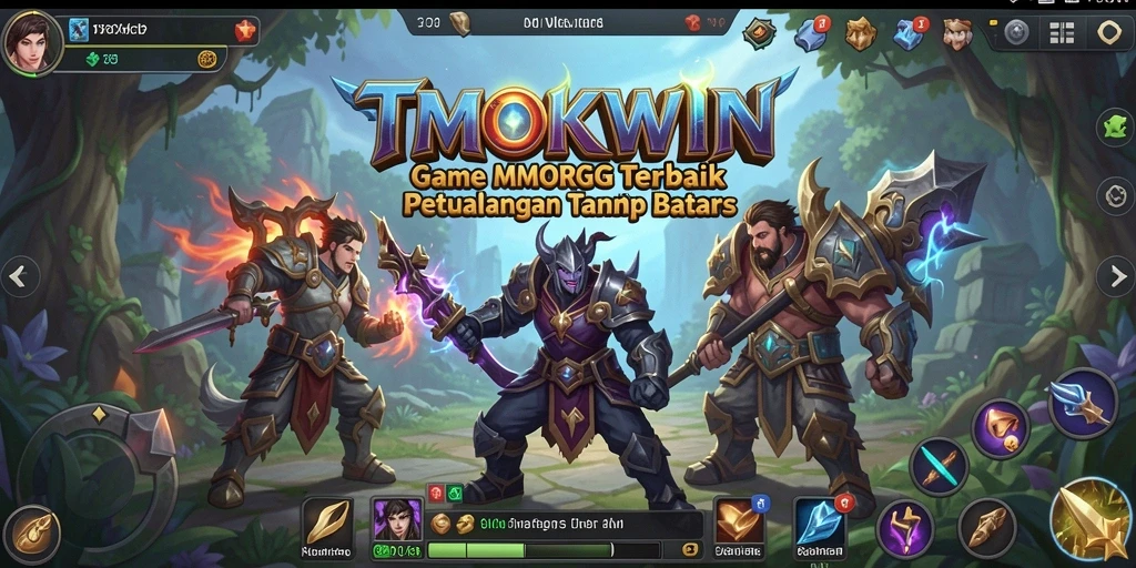 Screenshot gameplay TMOKWIN menampilkan pertempuran epik dalam dunia fantasi.