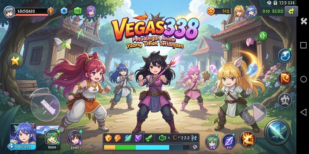 Tampilan utama gameplay VEGAS338 dengan karakter anime dinamis.